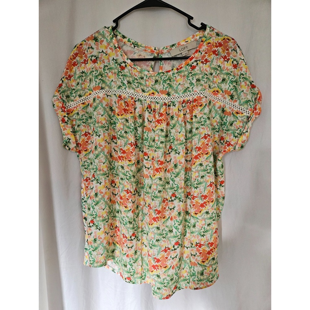 LOFT Georgette Floral Blouse Crochet Detail Mixed Media Dolman Sleeve Round Neck